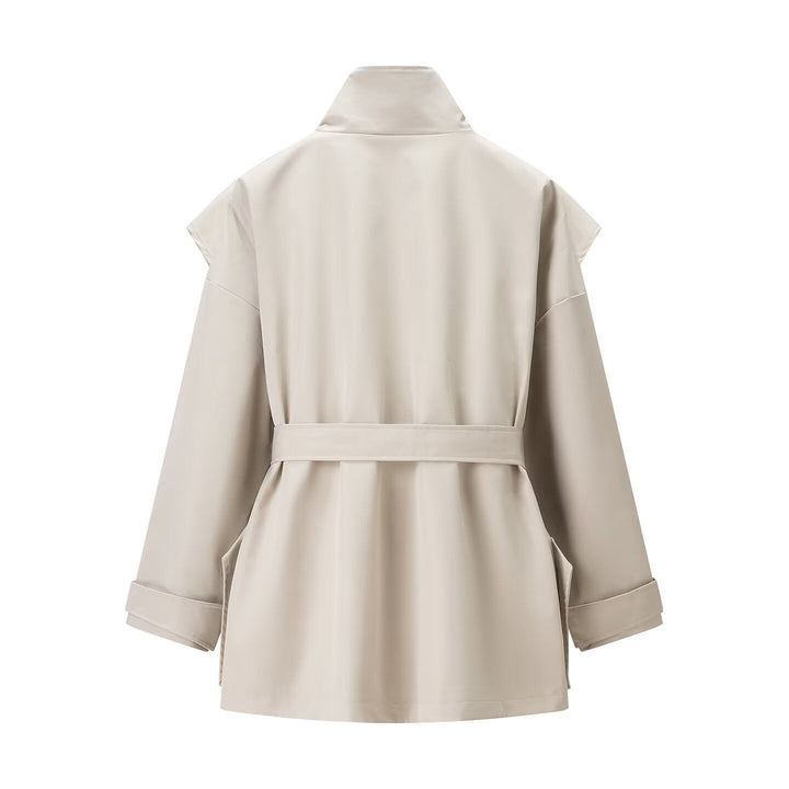 Women’s short trench coat with cape shoulder, high stand-up collar and belt