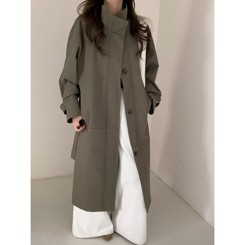 Women Lightweight Oversized Trench Coat with Stand Collar and Large Pockets