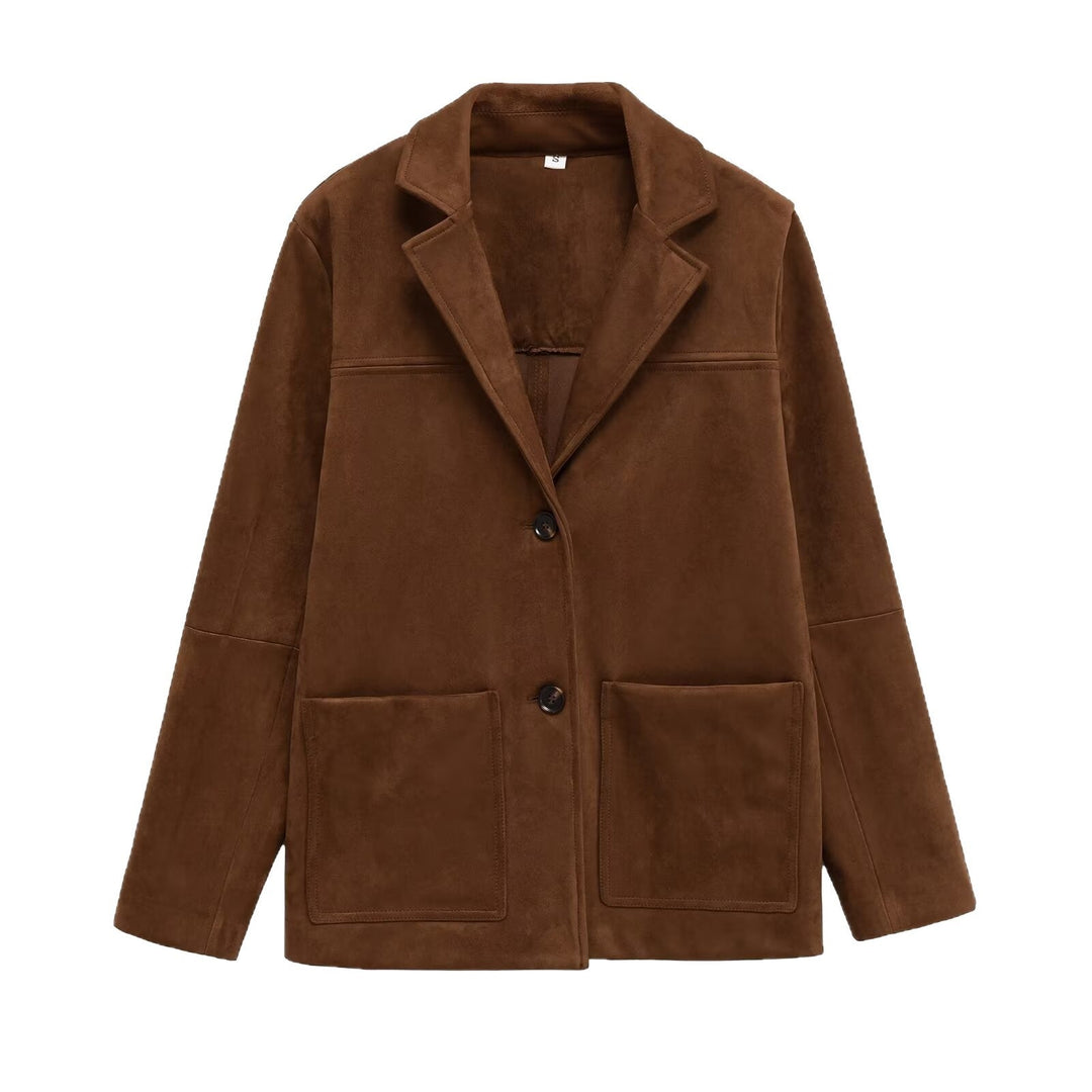 Women Short Suede-Look Coat with Notched Collar and Applied Pockets