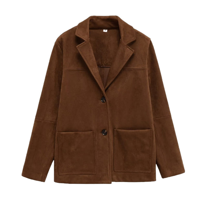 Women Short Suede-Look Coat with Notched Collar and Applied Pockets