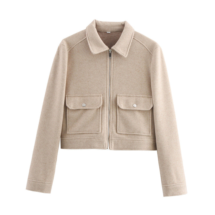 Women short cut wool mix jacket with shirt collar, zip and patch flap pockets