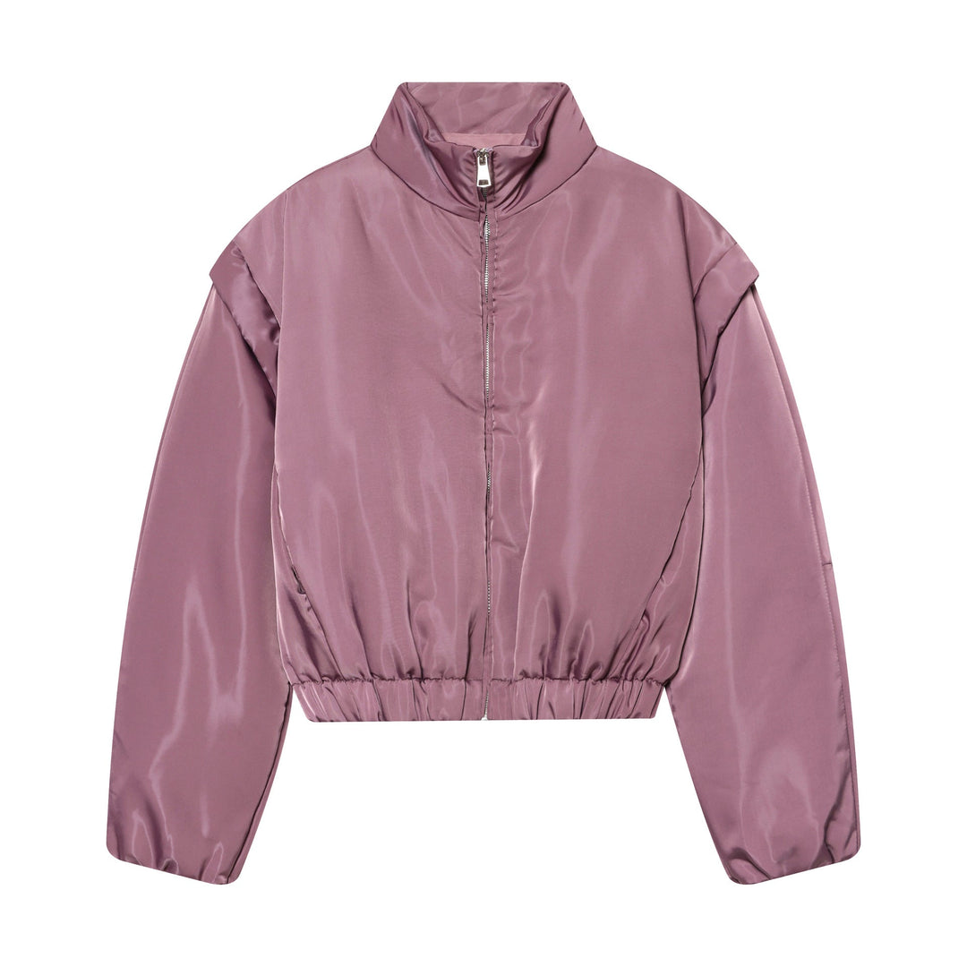 Women Cropped Padded Satin Jacket with High Stand Collar and Waist Smocking