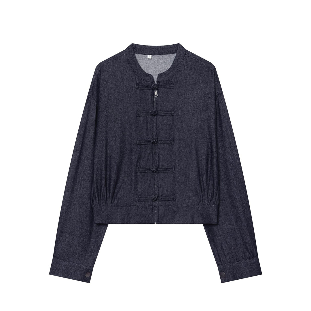 Women Cropped Denim Jacket with Stand Collar and Chinese Toggle Closures