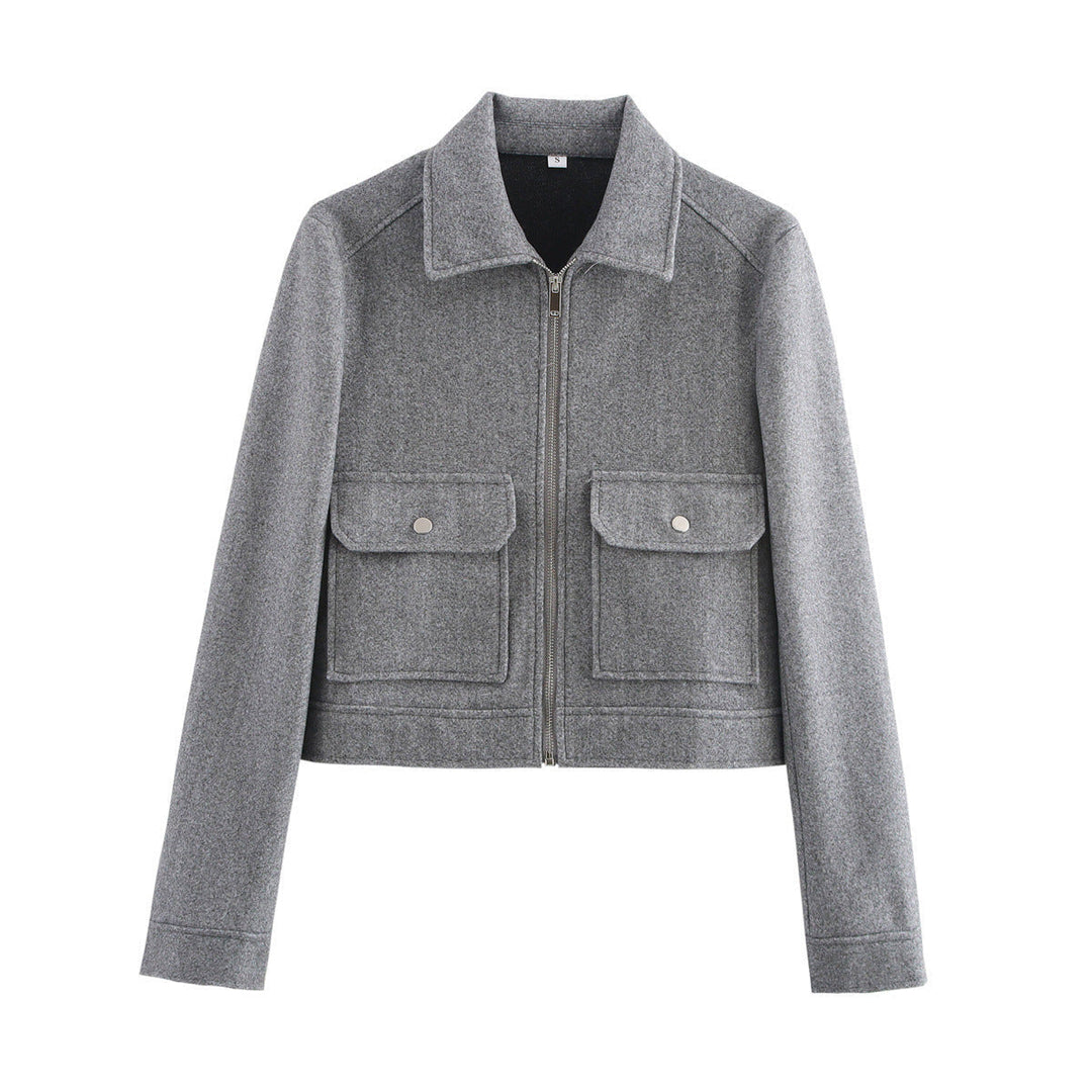 Women short cut wool mix jacket with shirt collar, zip and patch flap pockets