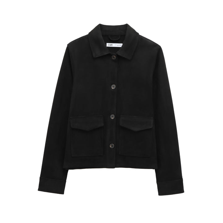 Ladies Short Suede Look Jacket with Flap Pockets