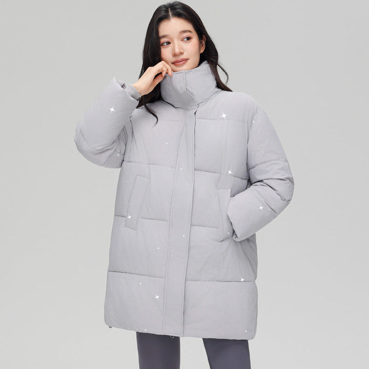 Women’s mid-length quilted short coat with high stand-up collar, subtle glitter quilting, and light thermal insulation
