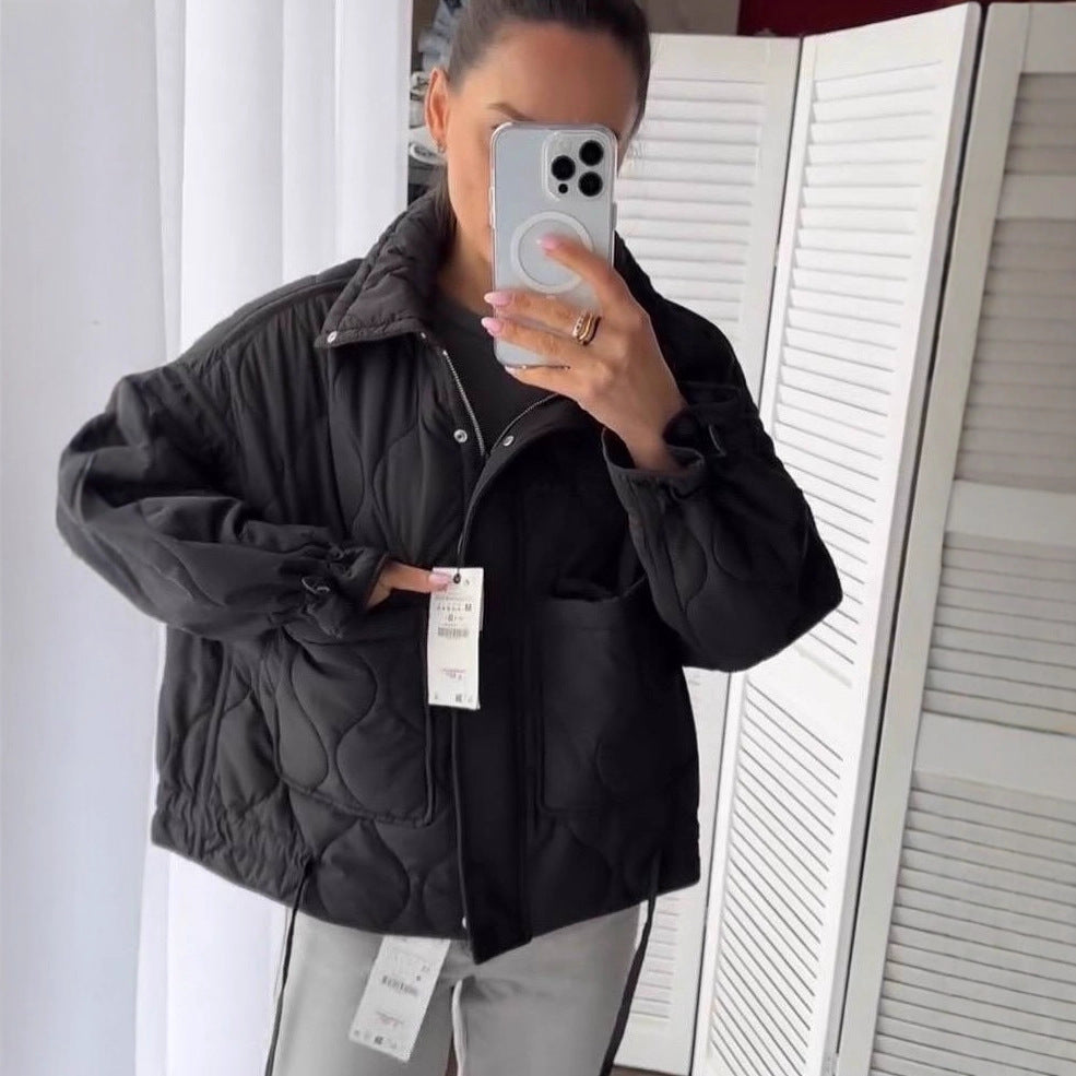 Women Short Cut Quilted Padded Jacket with Stand Collar