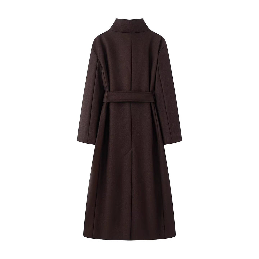 Women oversized wool blend coat with stand-up collar and tie belt