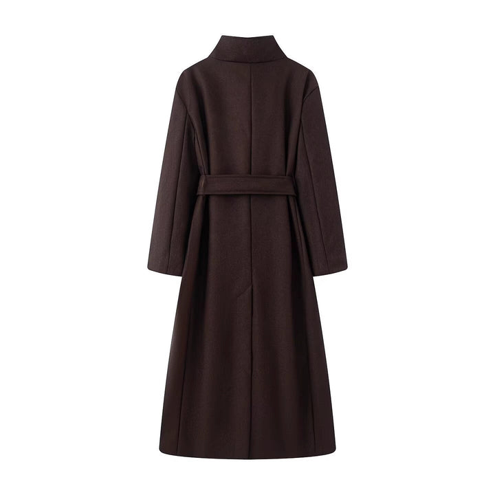 Women oversized wool blend coat with stand-up collar and tie belt