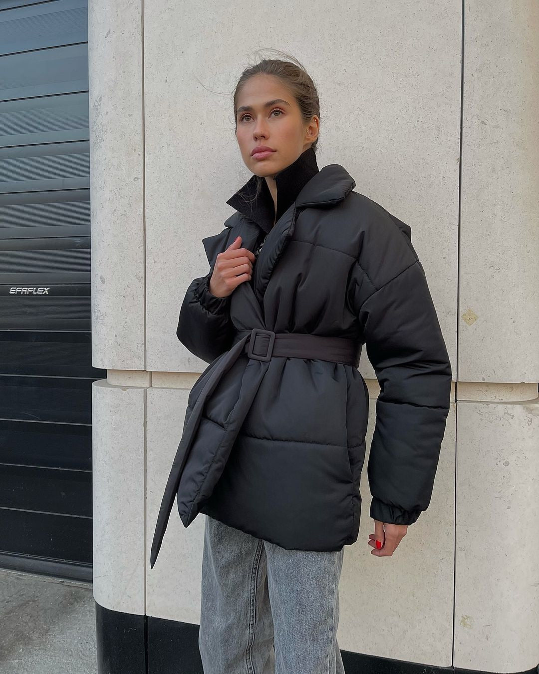 Women Padded Tailored Quilted Jacket with Belt and Hood