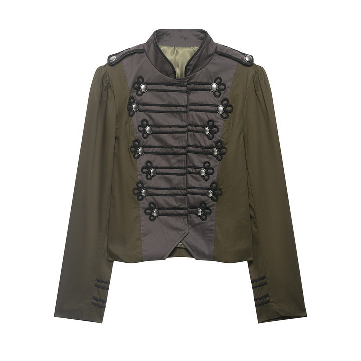Ladies short jacket in military style with stand-up collar, decorative frog and epaulettes