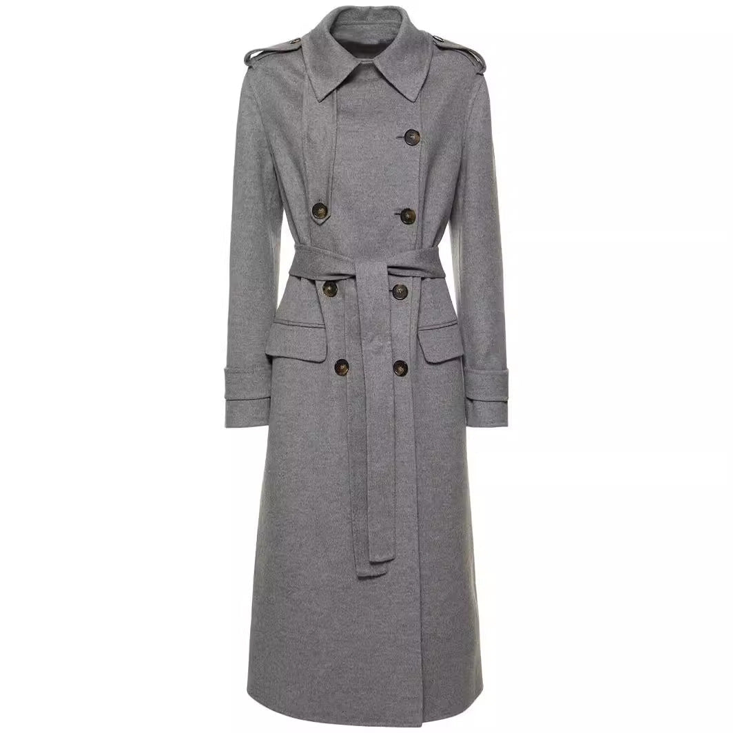 Women Mid-length Tailored Double-breasted Trench Coat made of Wool Blend with Flared Hem