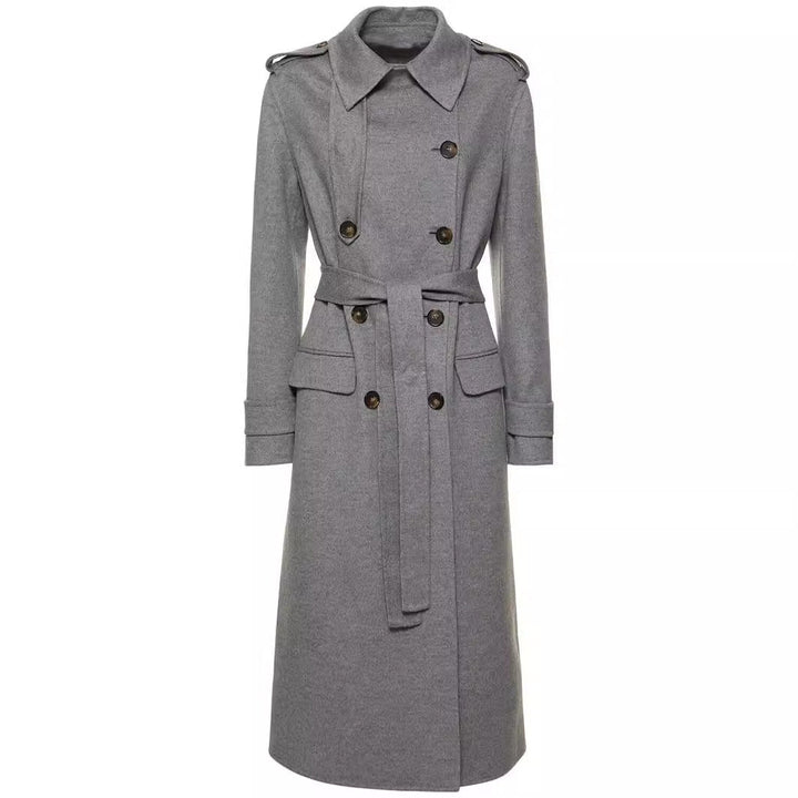 Women Mid-length Tailored Double-breasted Trench Coat made of Wool Blend with Flared Hem