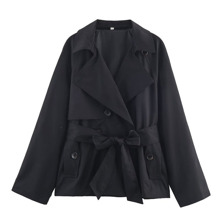 Ladies Cropped Trench Coat with Shawl Collar, Tie Belt and Flap Pockets