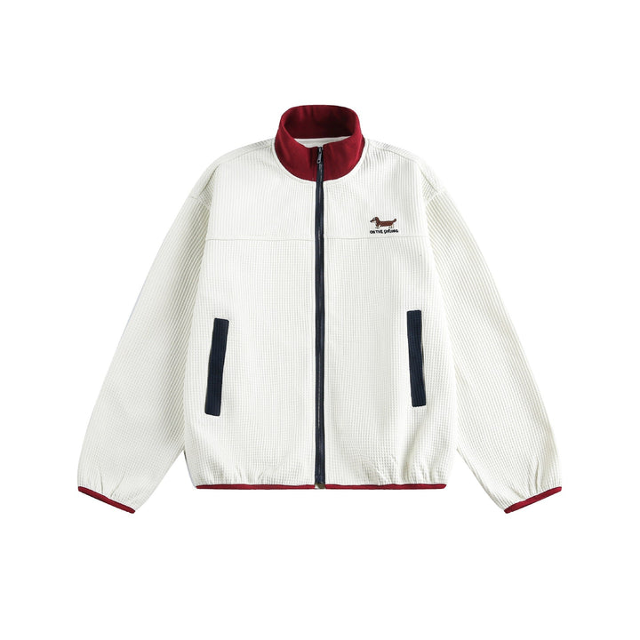Women’s waffle structure zip jacket in boxy cut with stand-up collar and dog embroidery