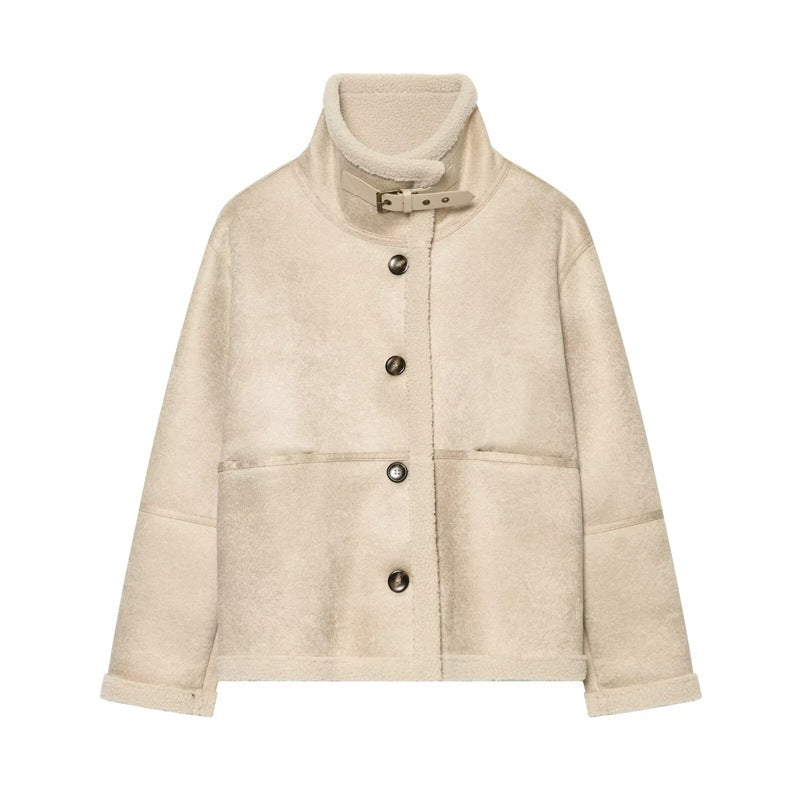 Ladies short jacket in lambskin look with stand-up collar, button and buckle closure