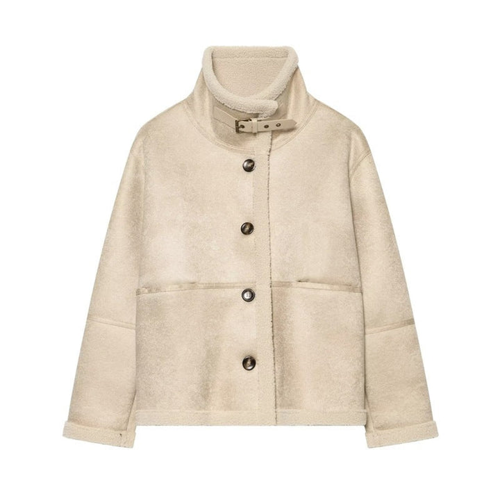 Ladies short jacket in lambskin look with stand-up collar, button and buckle closure