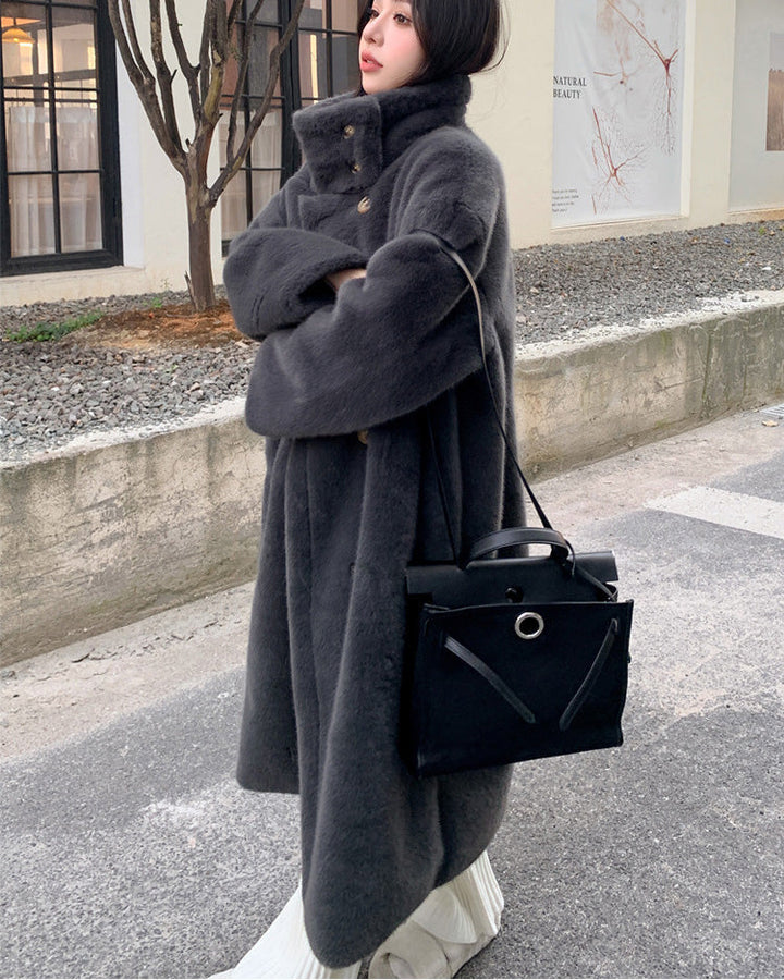 collars Double Breasted faux mink Fur long coat