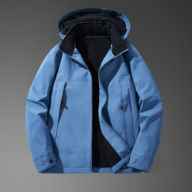 Men Water-resistant Multi-pocket Jacket with Hood and Fleece Lining