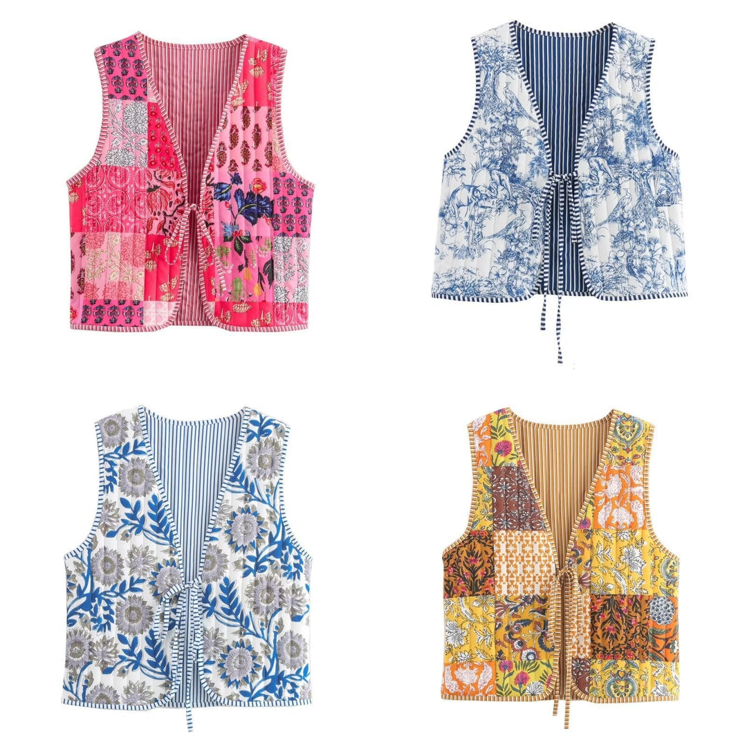 Ladies Quilted Waistcoat with Toile Print, Striped Lining and Drawstring