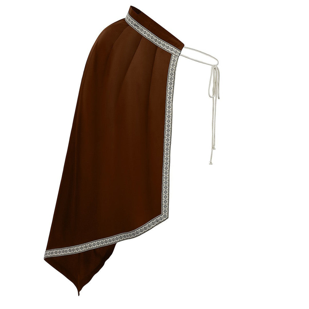 Unisex cape with shoulder plates, laced collar, faux fur trim, adjustable leather straps, and asymmetric train