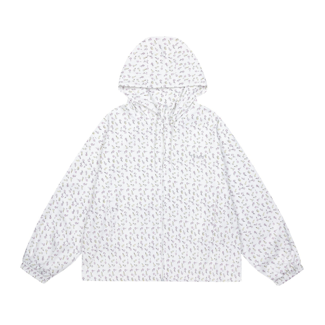 Women’s lightweight hooded jacket with floral allover print and elastic cuffs