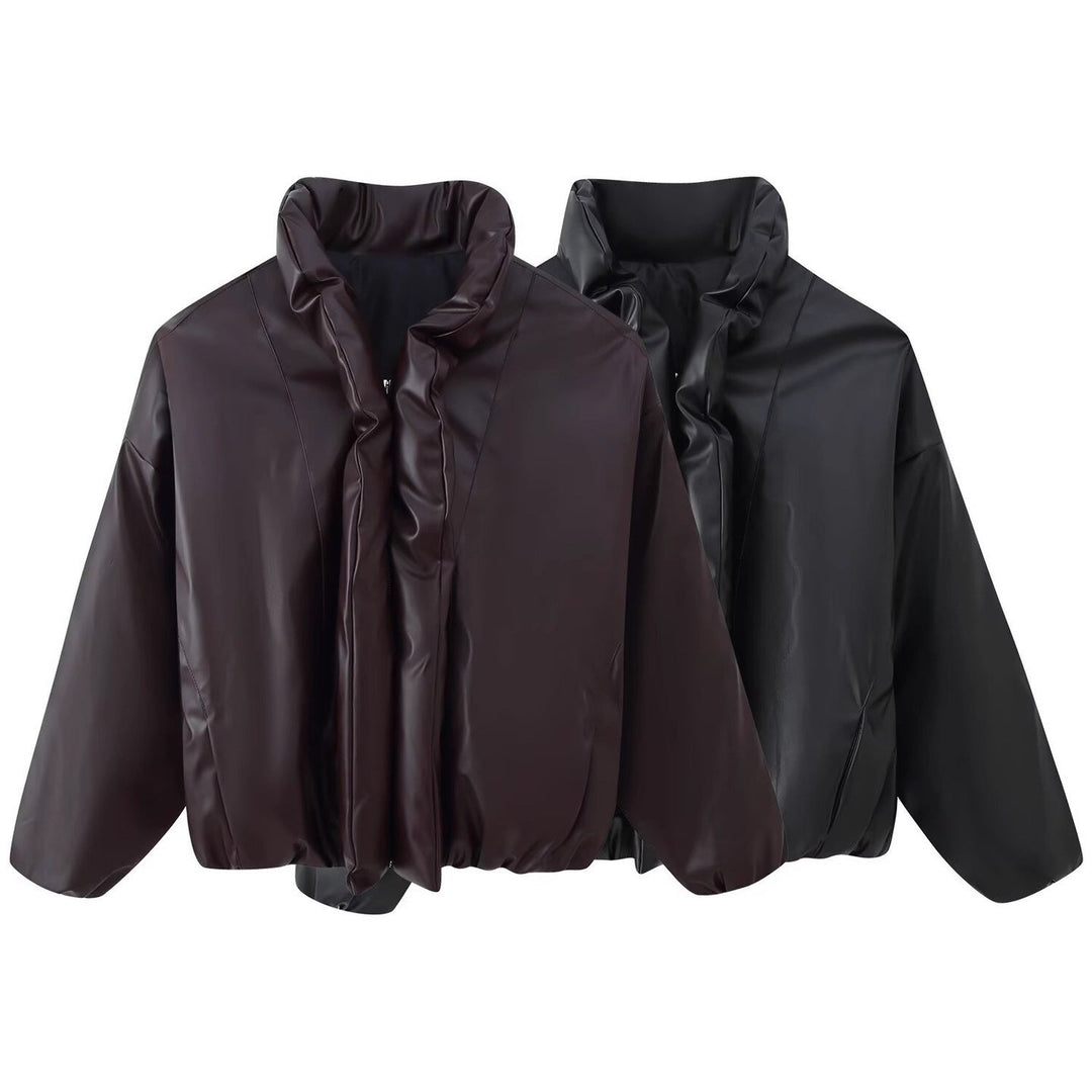Women Oversized Faux Leather Blouson with Voluminous Stand Collar and Elastic Hem