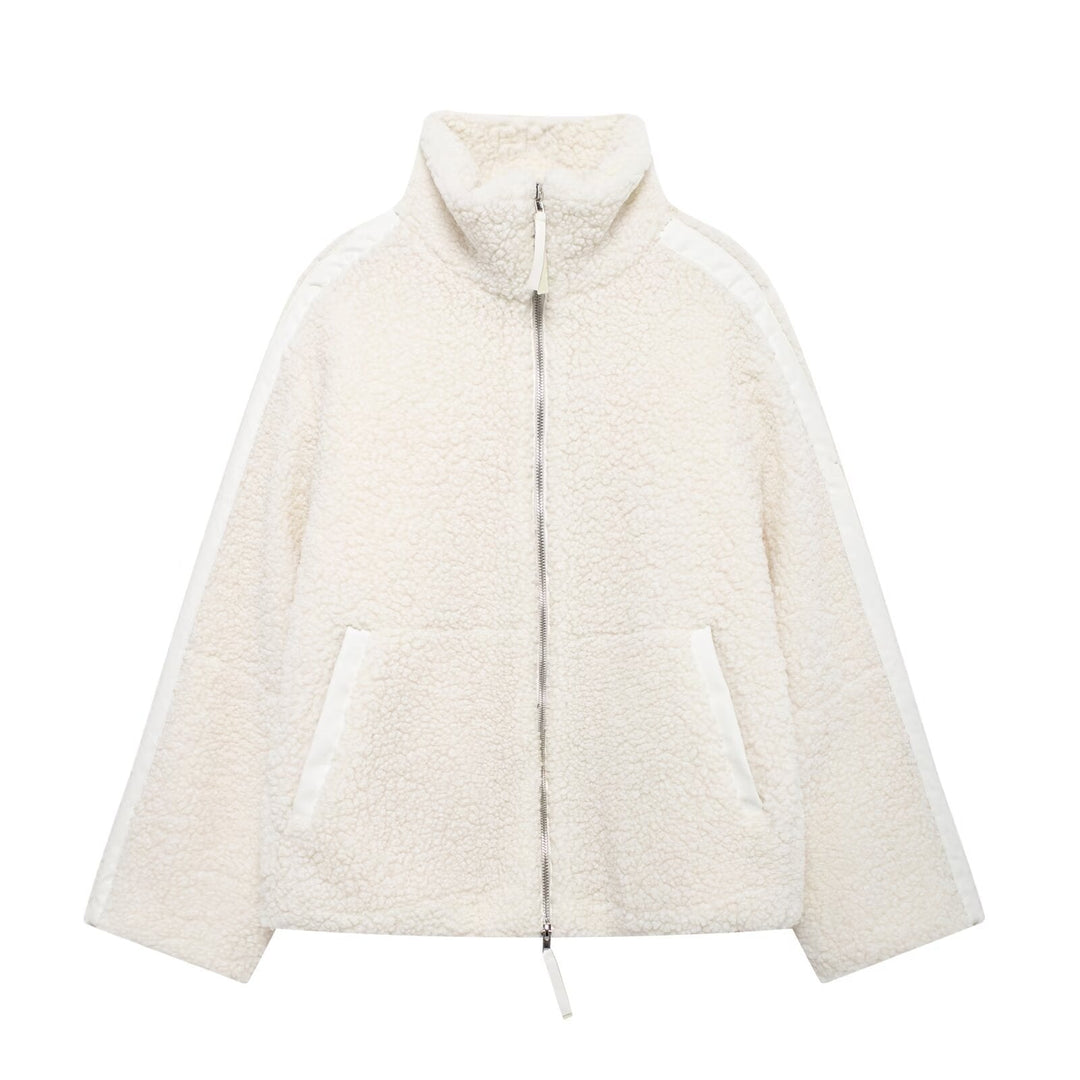 Women Wide Cut Teddy Fleece Jacket with High Standing Collar