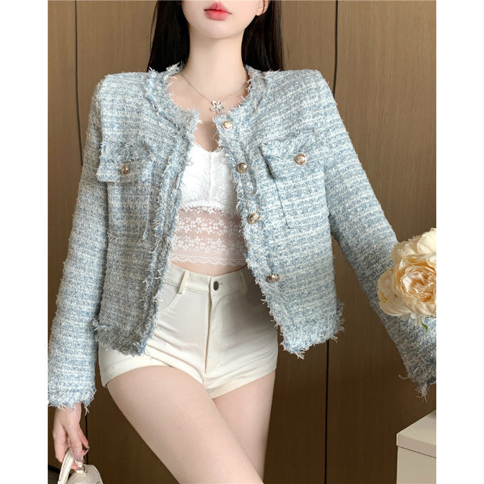 | Jacket with Raw Edge, Temperament and High-Quality Metal Buttons