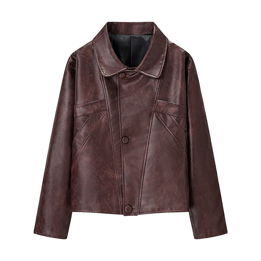 Women Short Cut Oversized Leather Jacket with Round Collar and Flap Pockets