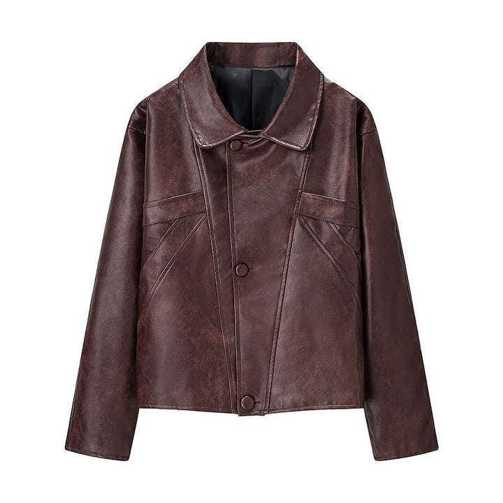 Women Short Cut Oversized Leather Jacket with Round Collar and Flap Pockets