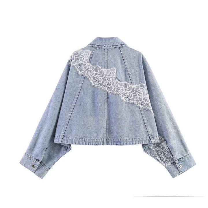 Women cropped denim jacket with lace trim and dropped shoulder