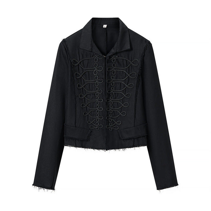 Women Cropped Military Inspired Jacket with Braid Application and Fringed Hem