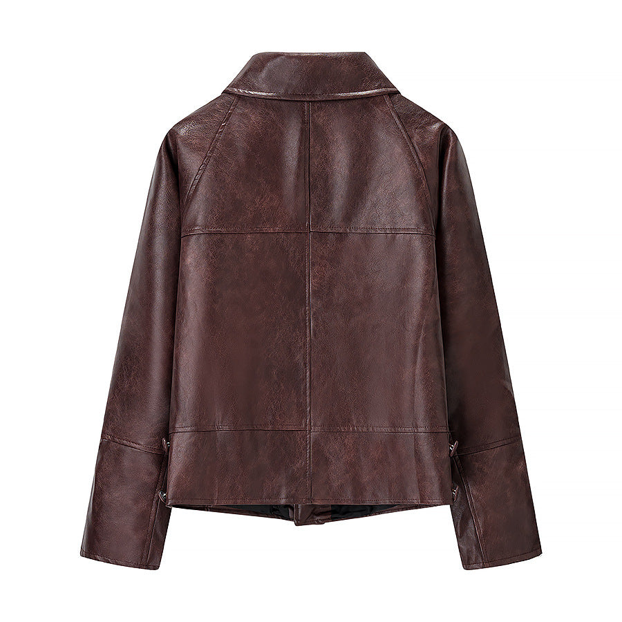 Women Short Cut Oversized Leather Jacket with Round Collar and Flap Pockets