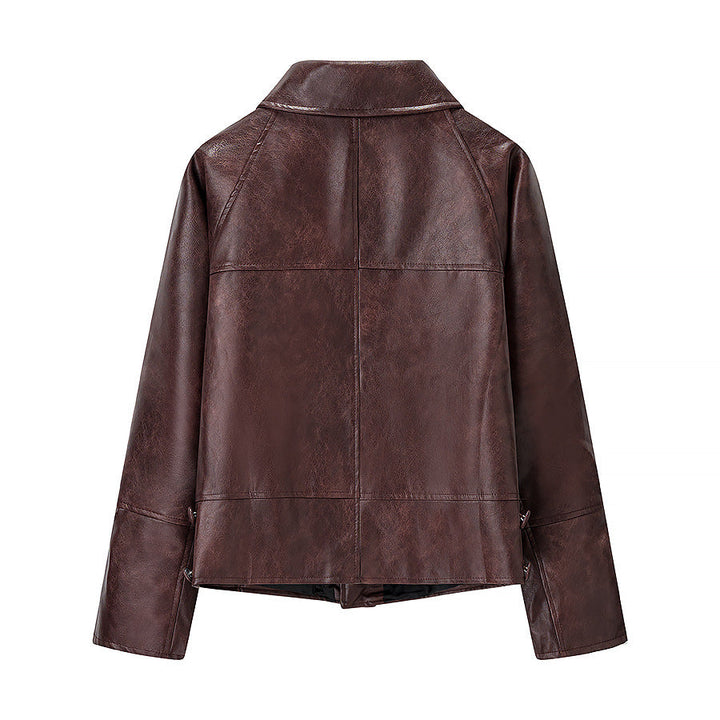 Women Short Cut Oversized Leather Jacket with Round Collar and Flap Pockets