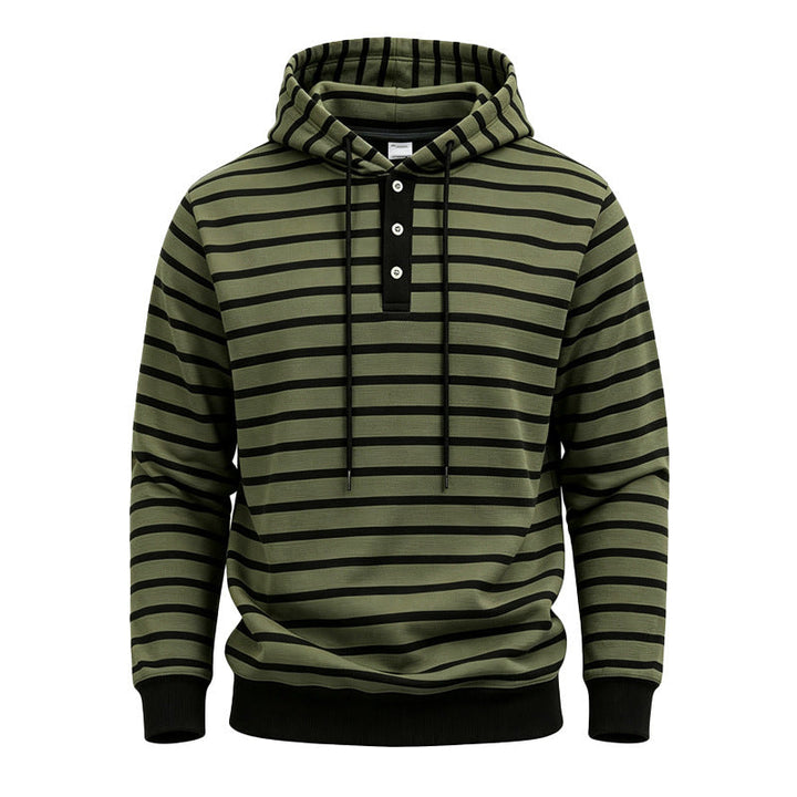 Men Striped Hoodie with Henley Placket, Drawstring and Ribbed Cuffs