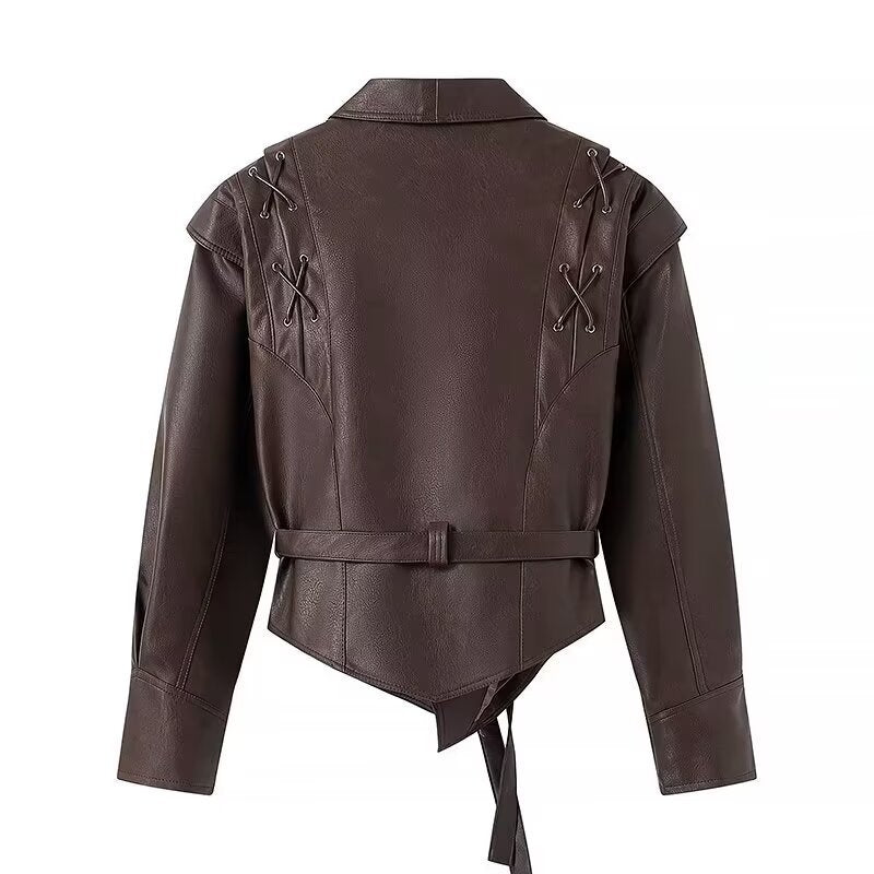 Women Short Blazer Leather Jacket with Shawl Collar, Waist Belt and Lacing Detail