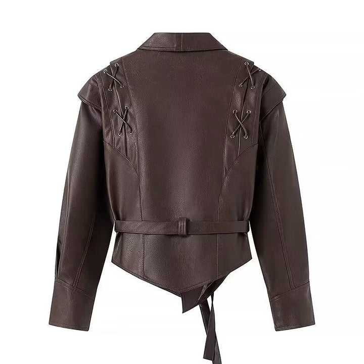 Women Short Blazer Leather Jacket with Shawl Collar, Waist Belt and Lacing Detail