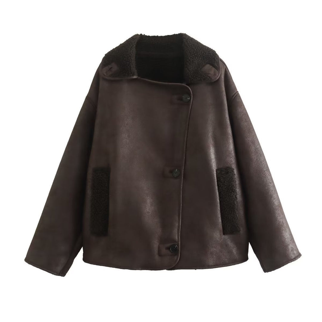 Women Short Jacket in Lambskin Look with Teddy Lining and Button Placket
