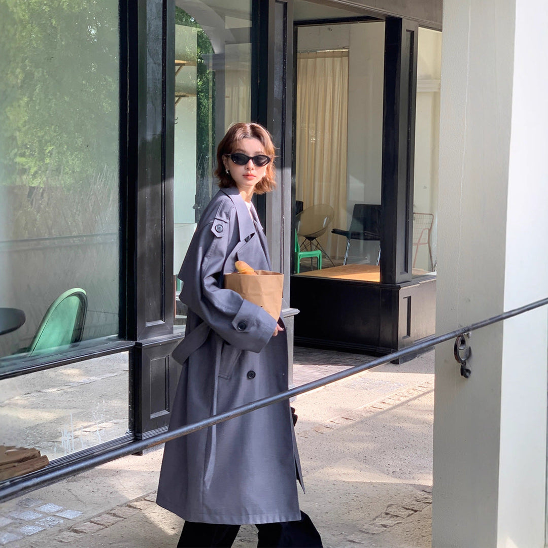 Women’s Long Trench Coat in Oversize Look with Belt and Shoulder Patches