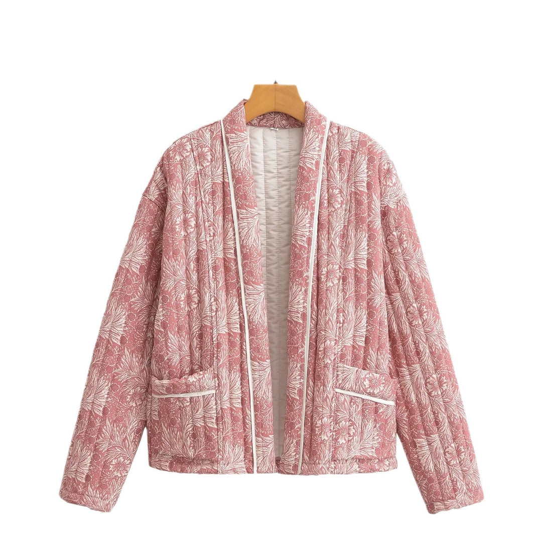 Women Light Quilted Jacket in Kimono Style with Floral Block Print and Contrast Piping