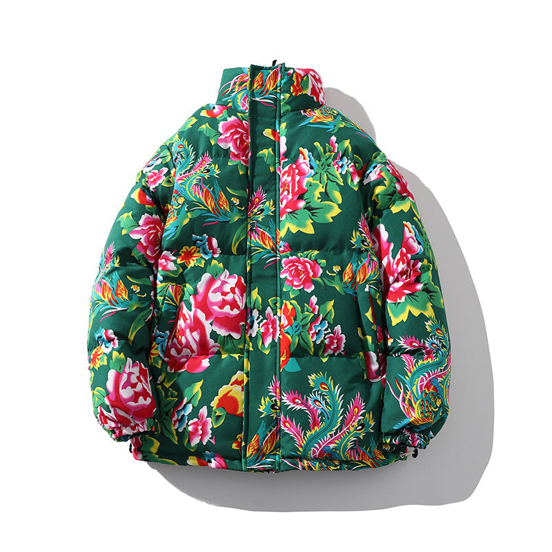 Women’s Padded Quilted Puffer Jacket with Large Floral Print and Stand Collar