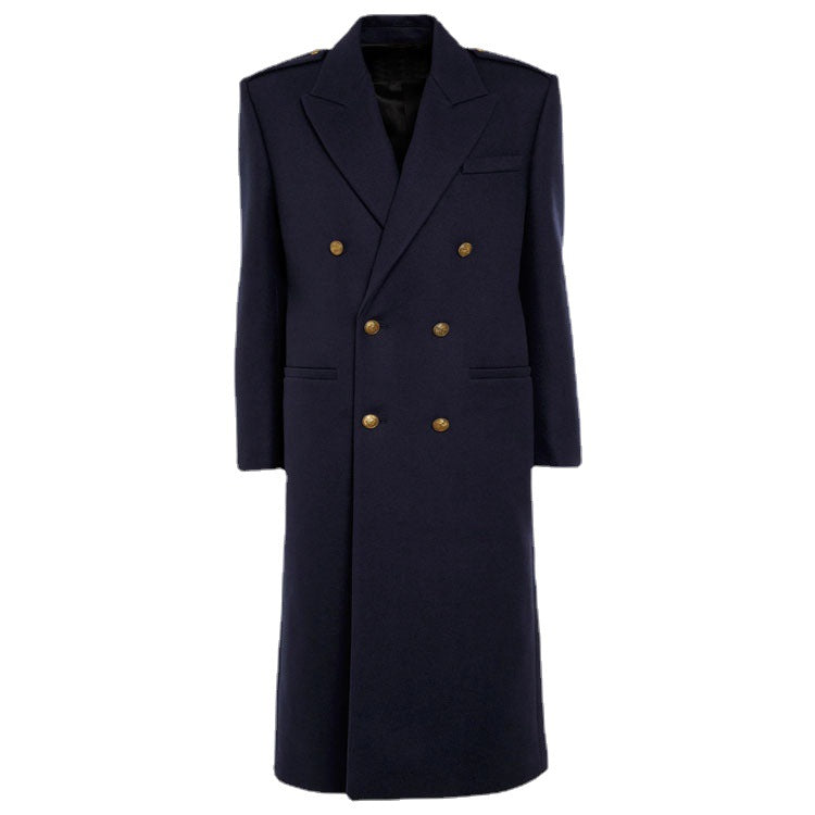 Women Double-breasted Wool Blend Long Coat with Epaulettes and Structured Tailoring Silhouette