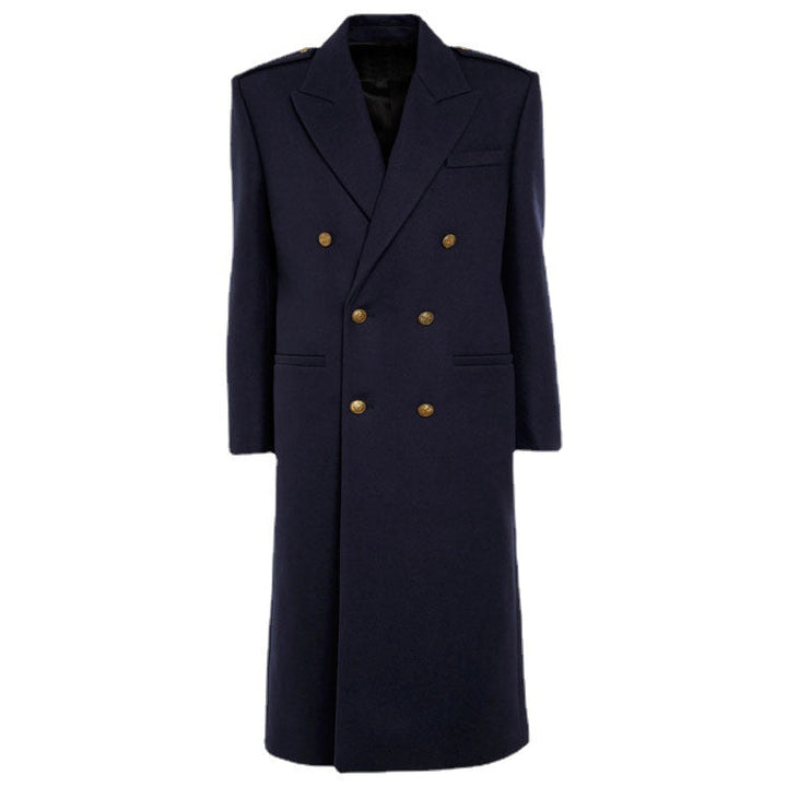 Women Double-breasted Wool Blend Long Coat with Epaulettes and Structured Tailoring Silhouette