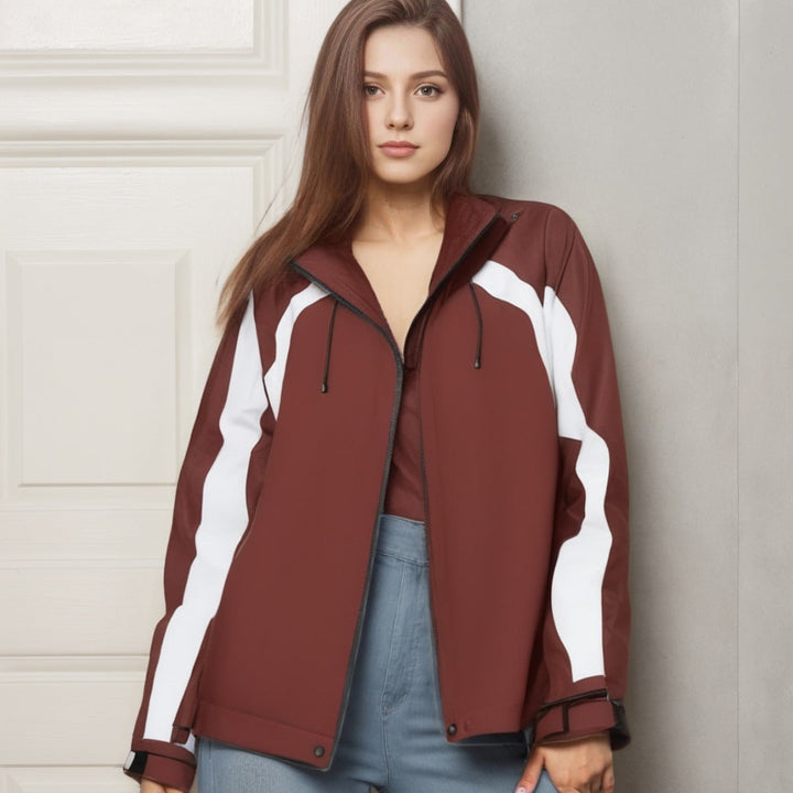 Women Lightweight Hooded Rain Jacket with Contrast Stripes and Mesh Lining
