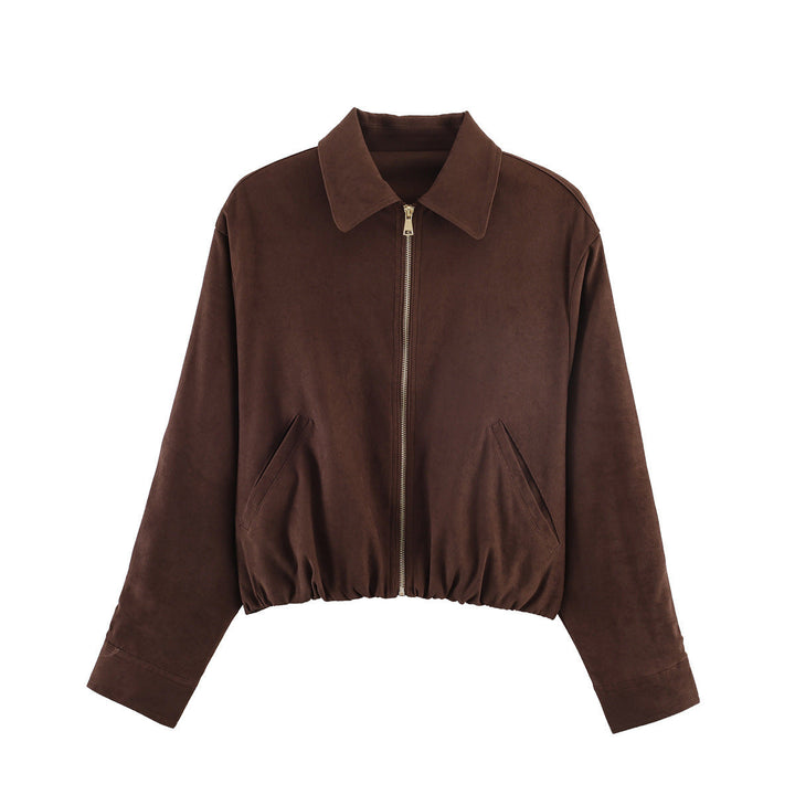 Women’s short-cut suede look bomber jacket with zip, elastic hem and diagonal side pockets