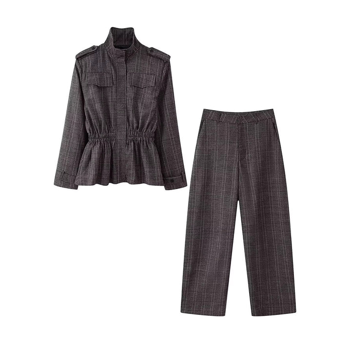Women Tailored Transitional Jacket with Drawstring Waist and Stand-Up Collar