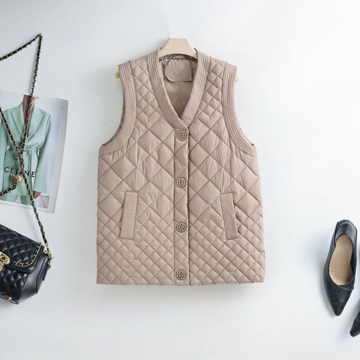 Ladies nano quilted vest with decorative buttons and V-neck