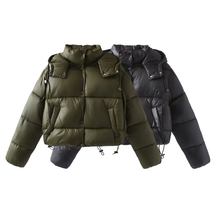 Women Shiny Cropped Puffer Jacket with Drawstring and Snap Button Placket