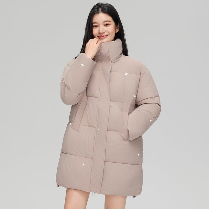 Women’s mid-length quilted short coat with high stand-up collar, subtle glitter quilting, and light thermal insulation